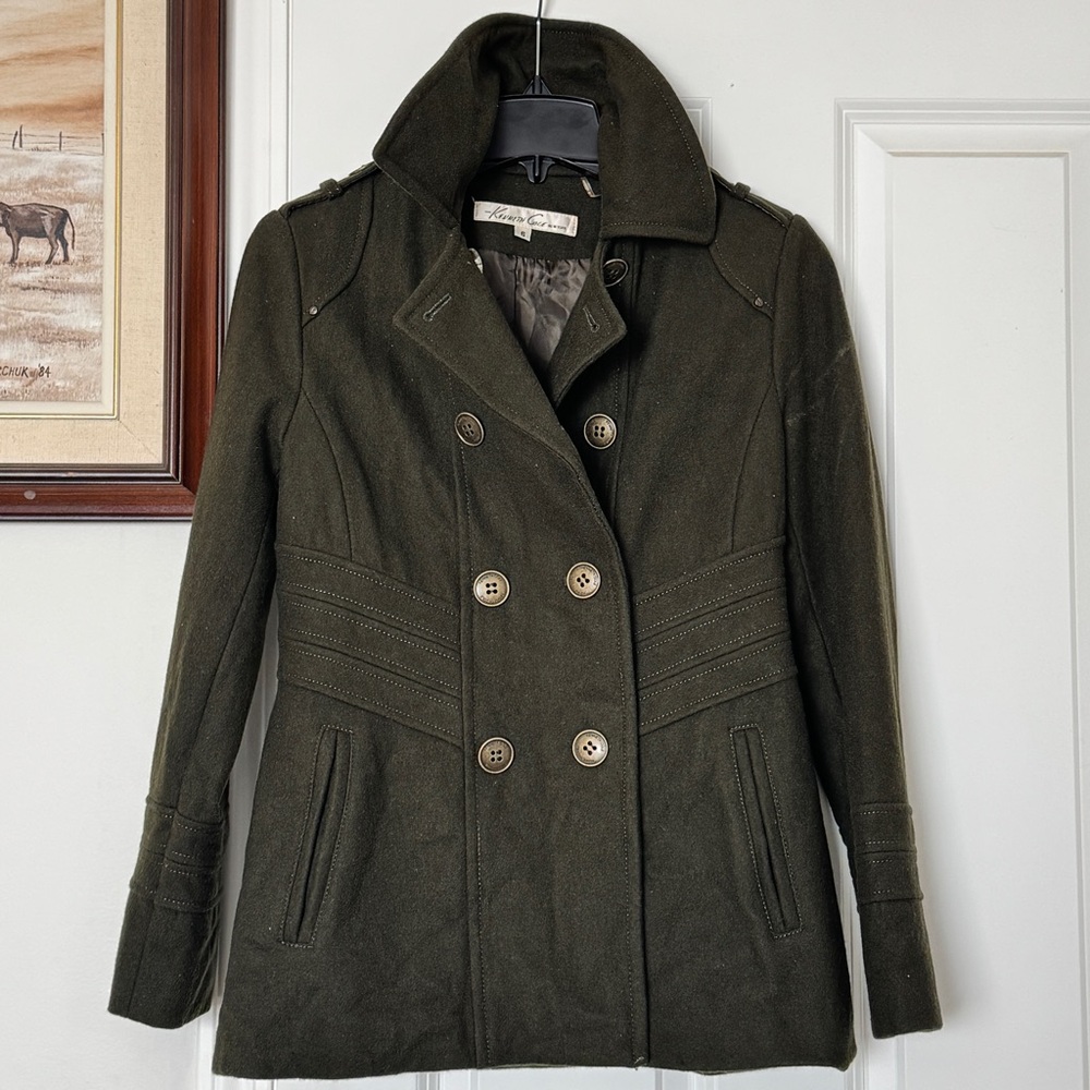 Kenneth Cole Army Green Double-Breasted Wool Pea Coat